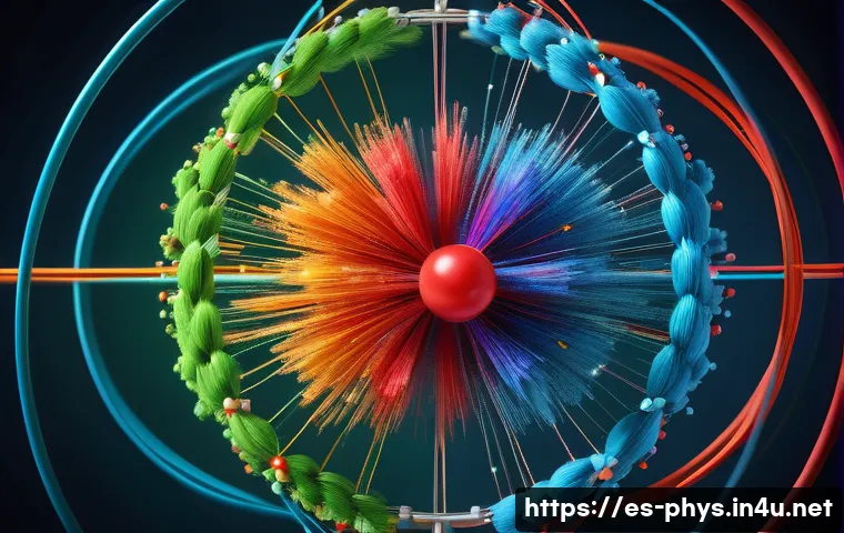 강한 상호작용과 양자색역학 - A highly detailed scientific illustration of an atomic nucleus showcasing protons and neutrons compo...