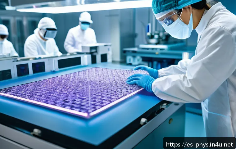 고체물리학과 반도체 이론 - A highly detailed close-up illustration of a semiconductor wafer under ultraviolet lithography light...